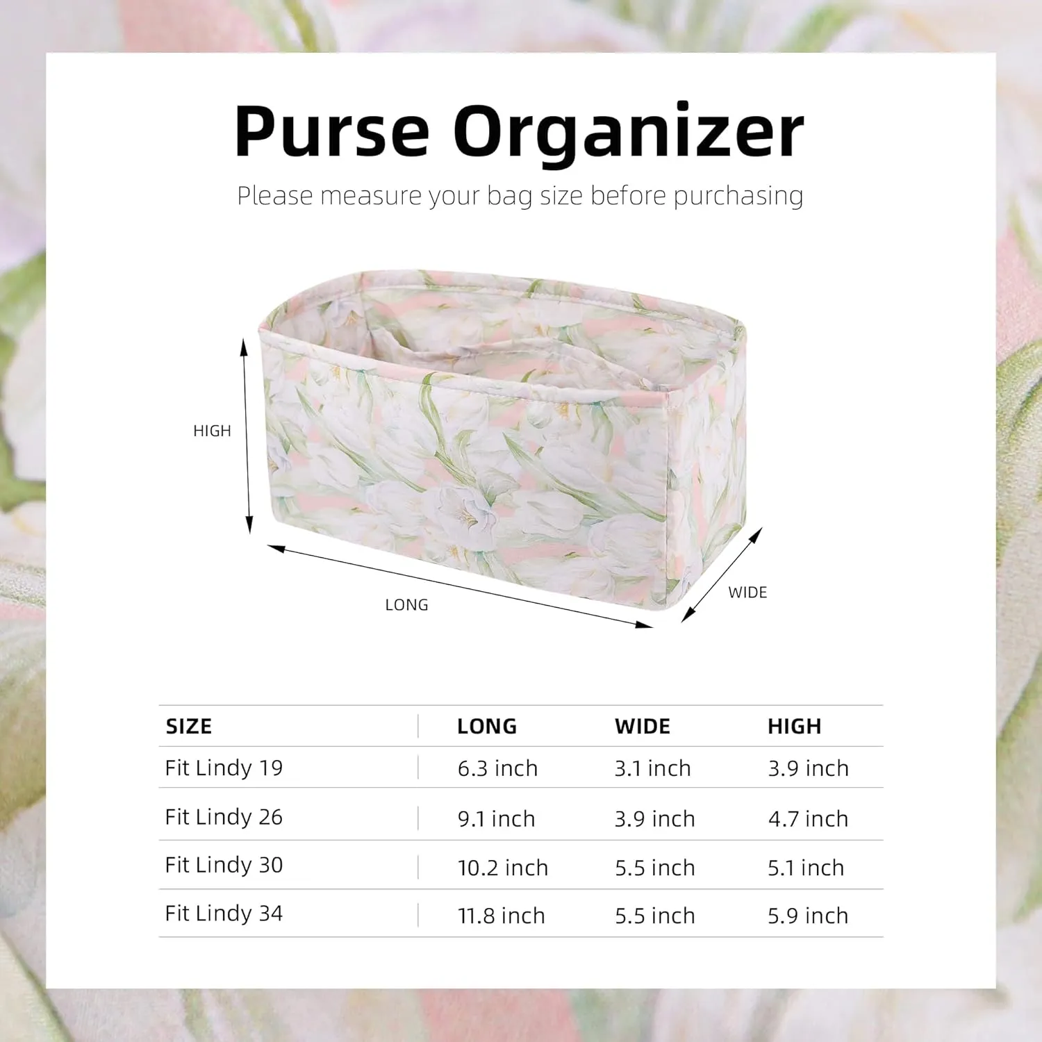 Purse Organizer Insert for Lindy 19/26/30/34 bags, Lightweight Bag Shaper for Women Luxury Handbag Tote, Soft Inner Bag Organizer(LD19, French Tulips)