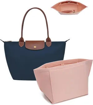 Purse Organizer Insert for Longchamp Le Pliage L Handbag Insert, Felt Handbag Organizer Insert Large Tote with Cup Holder, Bag Organizer with Zipper,8 Compartments(Pink, L/11 * 9.84 * 6.7in)