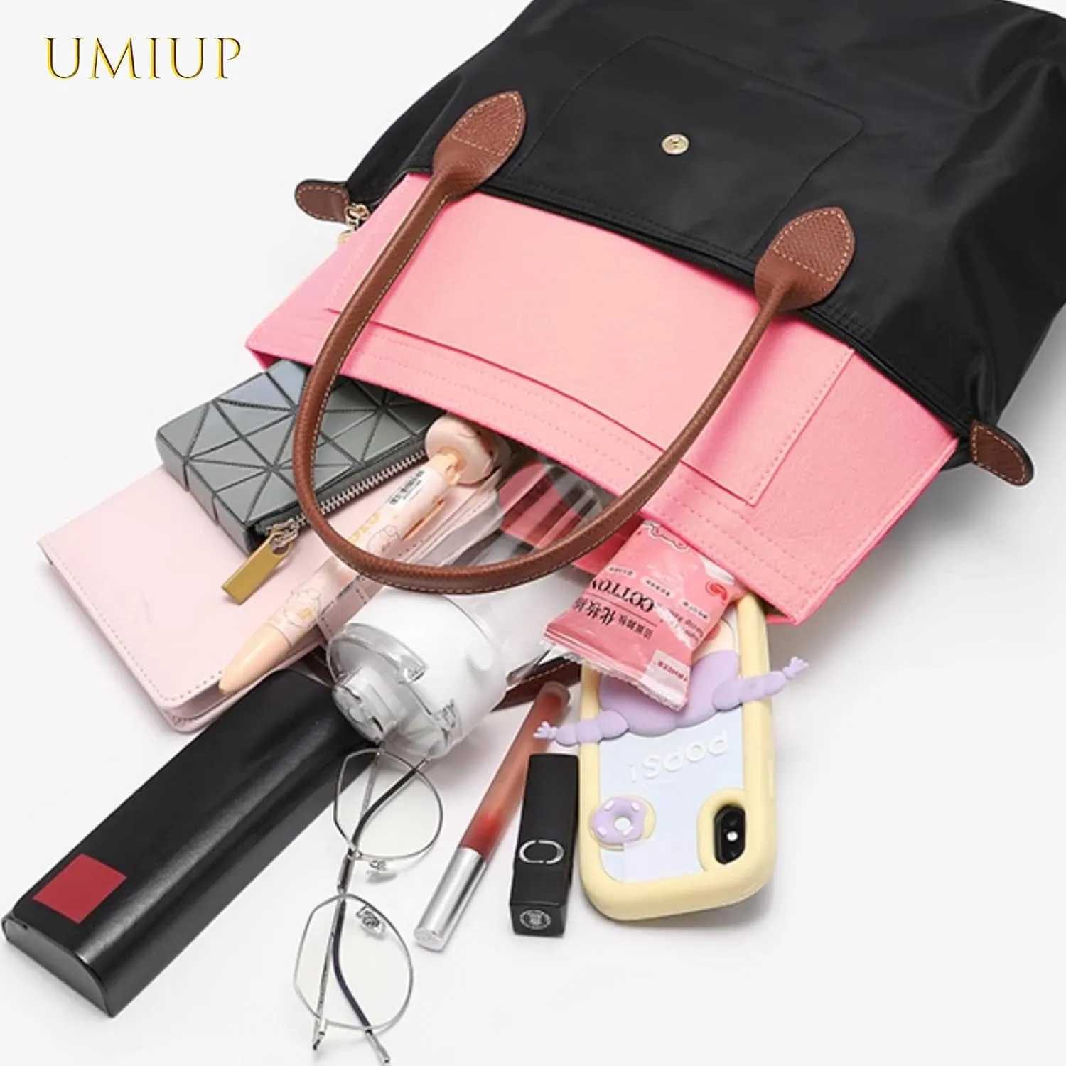 Purse Organizer Insert for Longchamp Le Pliage L Handbag Insert, Felt Handbag Organizer Insert Large Tote with Cup Holder, Bag Organizer with Zipper,8 Compartments(Pink, L/11 * 9.84 * 6.7in)