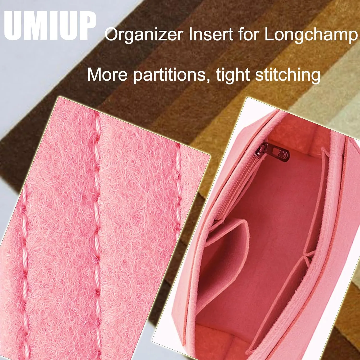 Purse Organizer Insert for Longchamp Le Pliage L Handbag Insert, Felt Handbag Organizer Insert Large Tote with Cup Holder, Bag Organizer with Zipper,8 Compartments(Pink, L/11 * 9.84 * 6.7in)