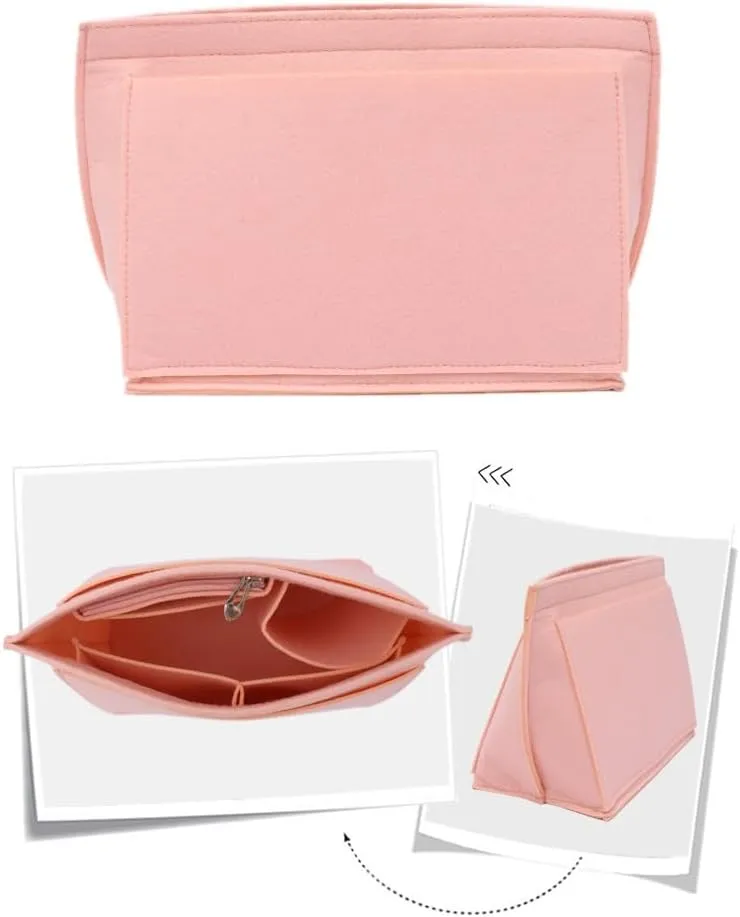 Purse Organizer Insert for Longchamp Le Pliage L Handbag Insert, Felt Handbag Organizer Insert Large Tote with Cup Holder, Bag Organizer with Zipper,8 Compartments(Pink, L/11 * 9.84 * 6.7in)