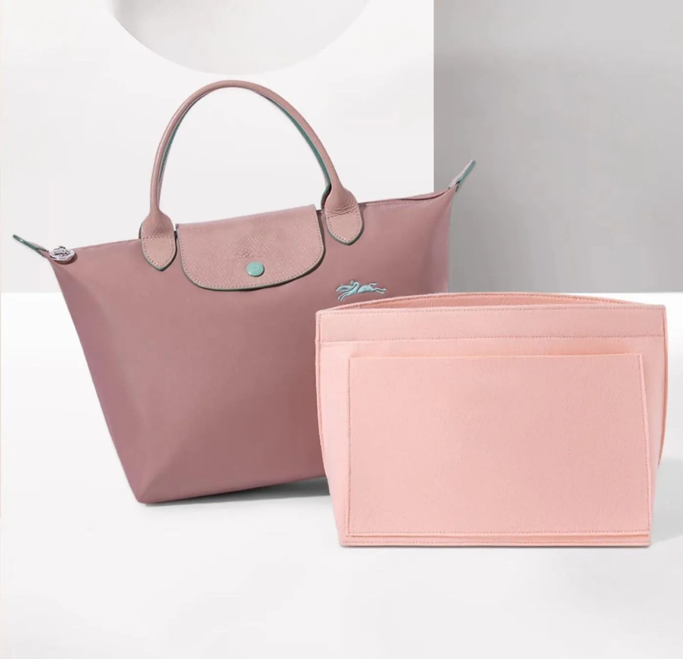 Purse Organizer Insert for Longchamp Le Pliage L Handbag Insert, Felt Handbag Organizer Insert Large Tote with Cup Holder, Bag Organizer with Zipper,8 Compartments(Pink, L/11 * 9.84 * 6.7in)