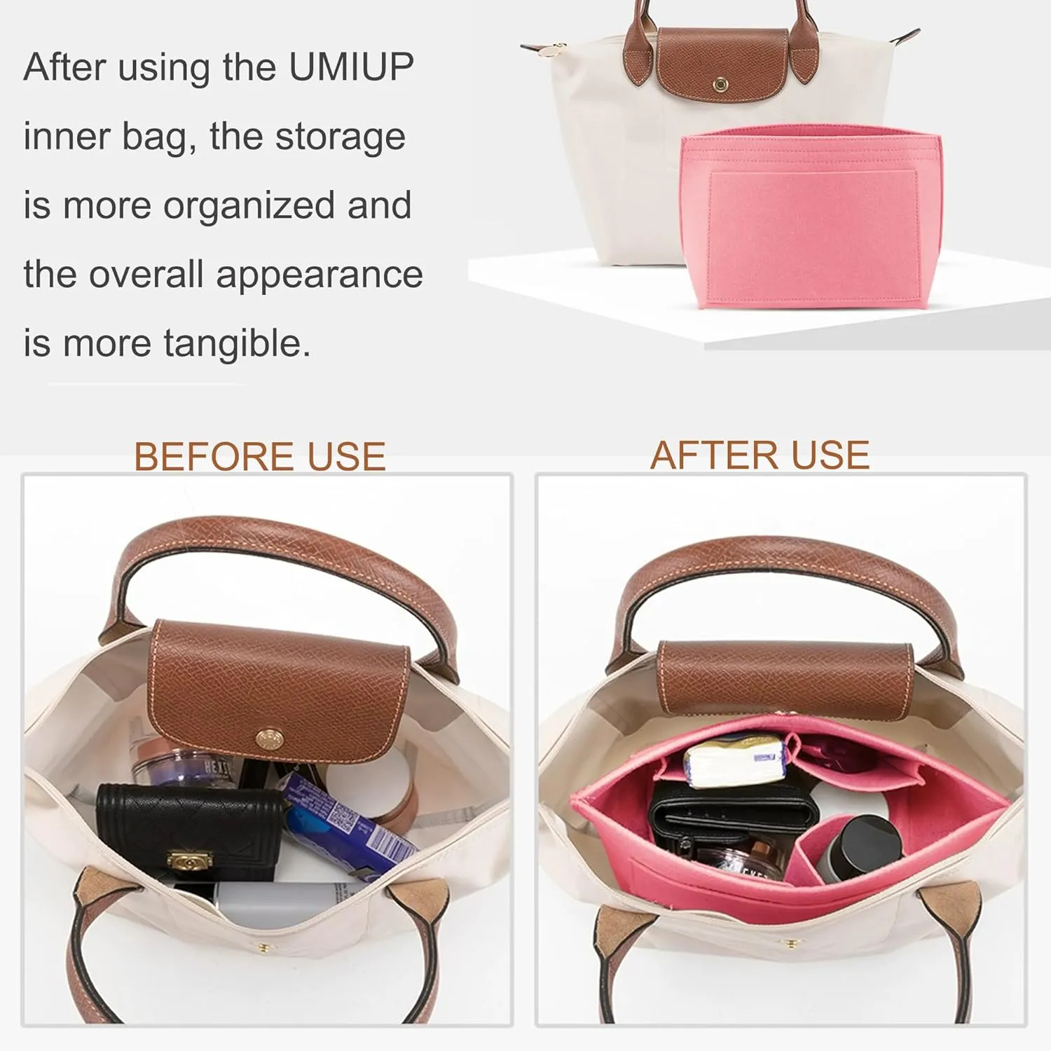 Purse Organizer Insert for Longchamp Le Pliage L Handbag Insert, Felt Handbag Organizer Insert Large Tote with Cup Holder, Bag Organizer with Zipper,8 Compartments(Pink, L/11 * 9.84 * 6.7in)