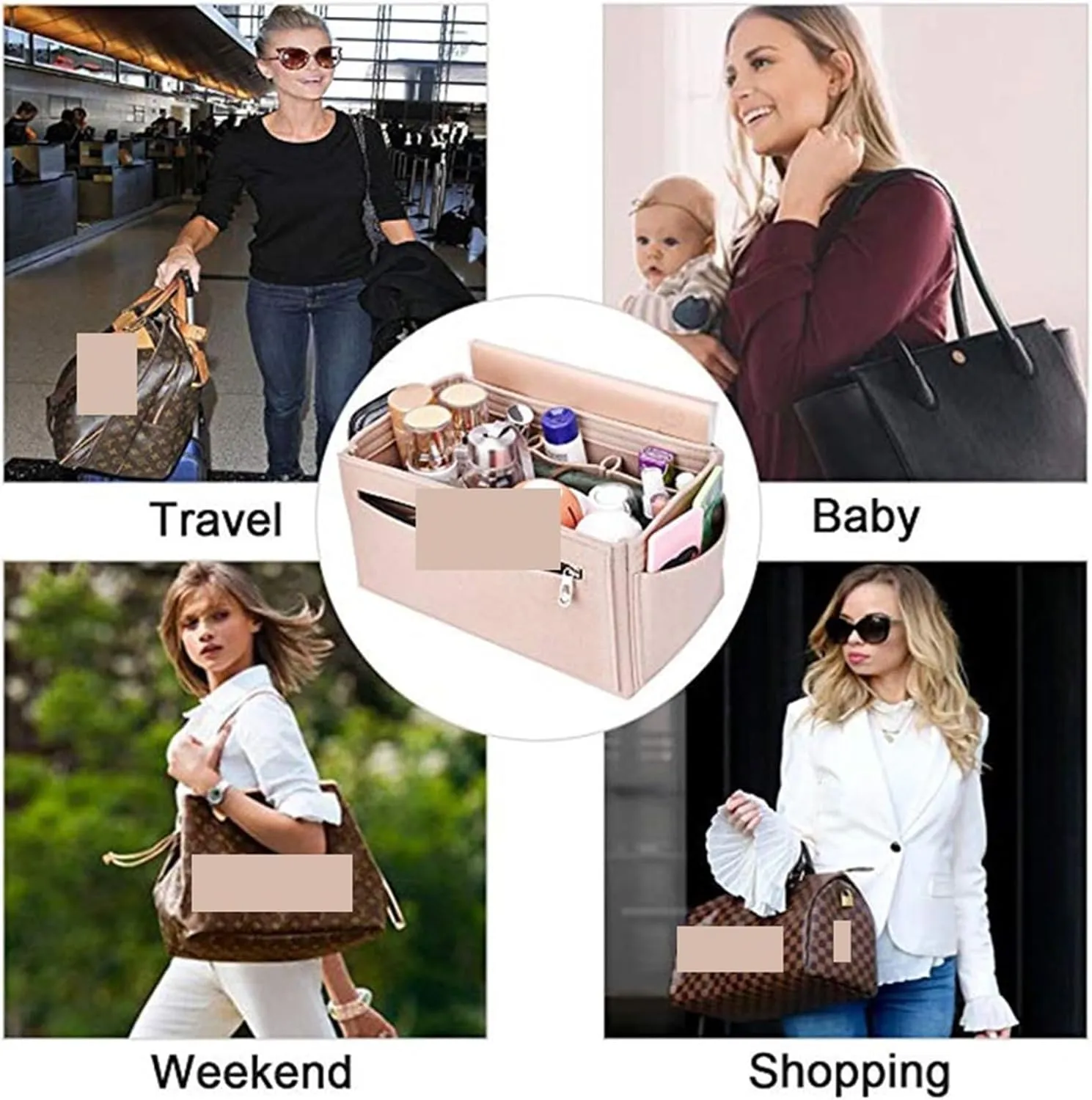 Purse Organizer Insert Make Up Organizer Felt Cloth Handbag Organizer Insert Bag Travel Inner Purse Portable Cosmetic Bags(Black,S 26x15x15cm)