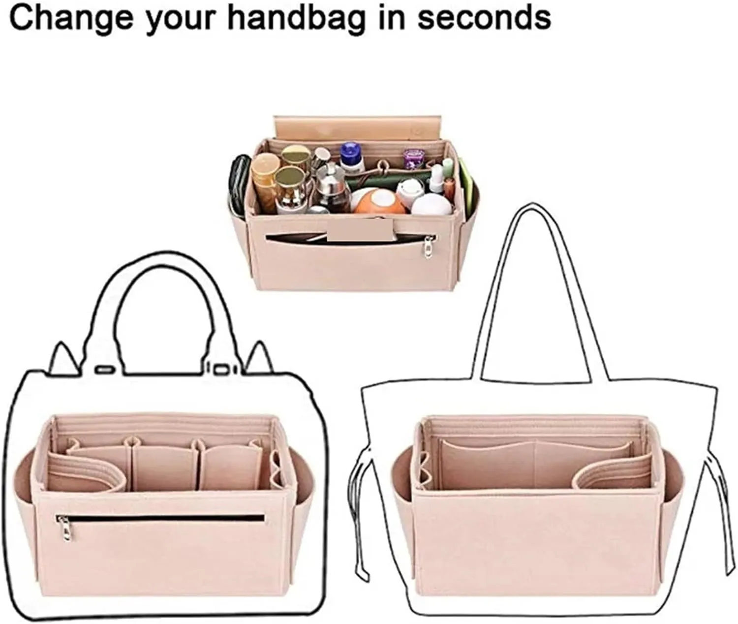 Purse Organizer Insert Make Up Organizer Felt Cloth Handbag Organizer Insert Bag Travel Inner Purse Portable Cosmetic Bags(Black,S 26x15x15cm)