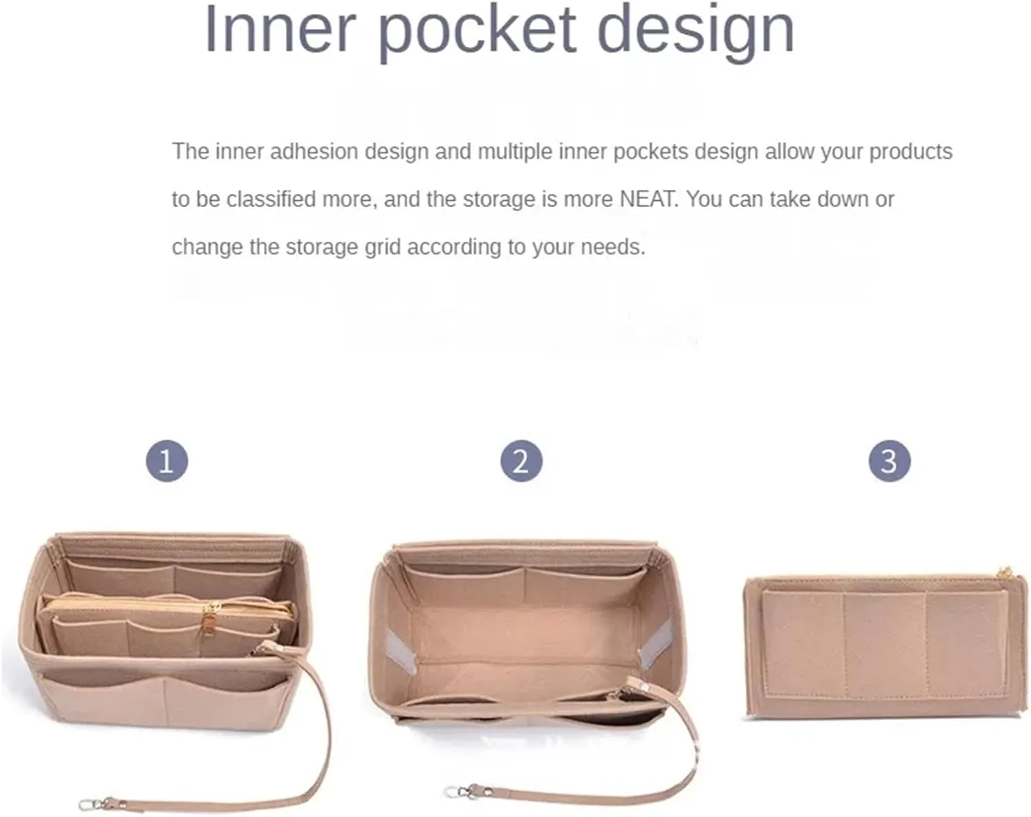 Purse Organizer Insert Multifunctional Large Capacity Makeup Storage Bag Felt Cloth Liner Travel Insert Portable Bag(Grey-M)