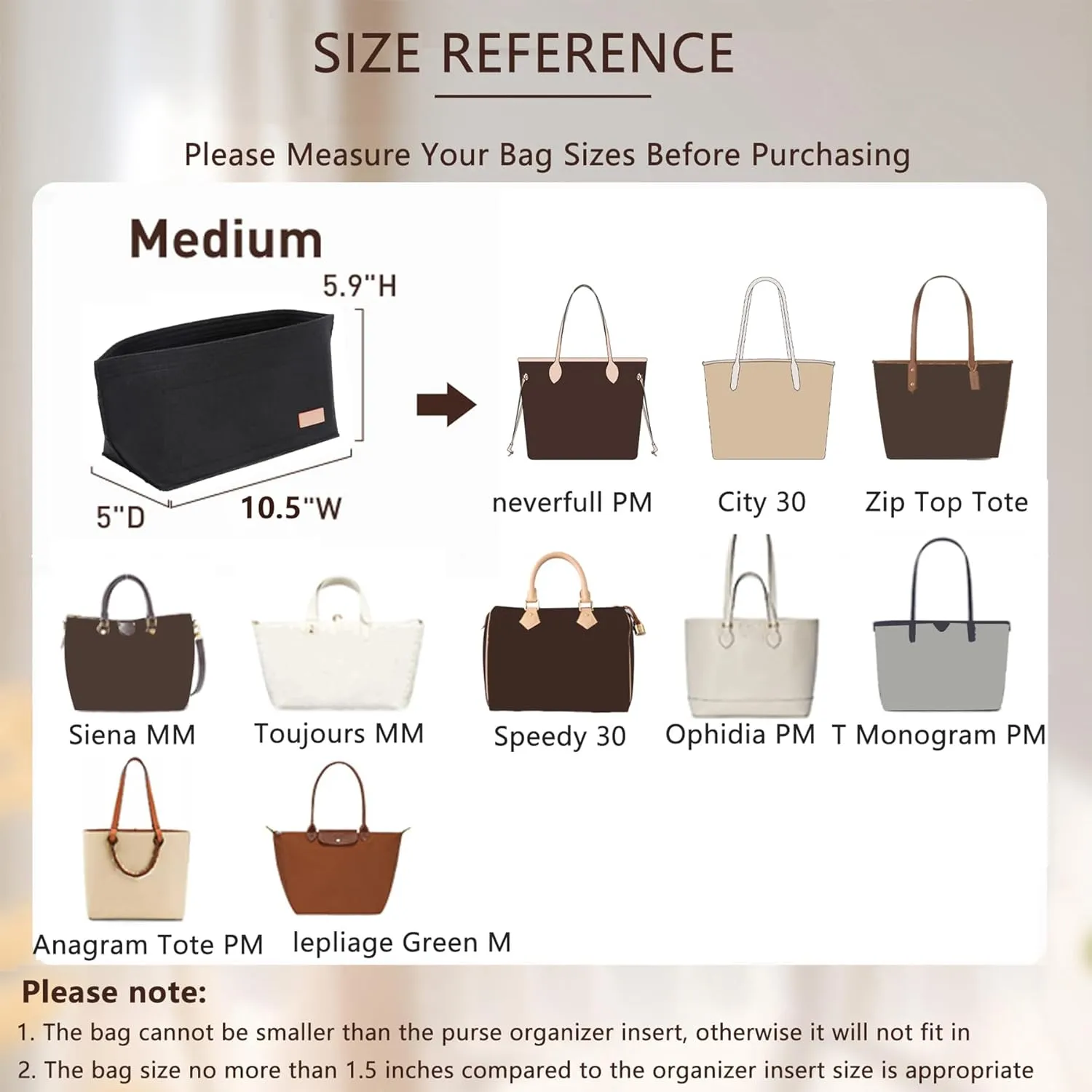 Purse Organizer Insert with Base Shaper,Felt Zipper Tote Handbag Organizer Compatible with neverfull PM, C.oach City 30, Le-Pliage Medium and More,Black/M