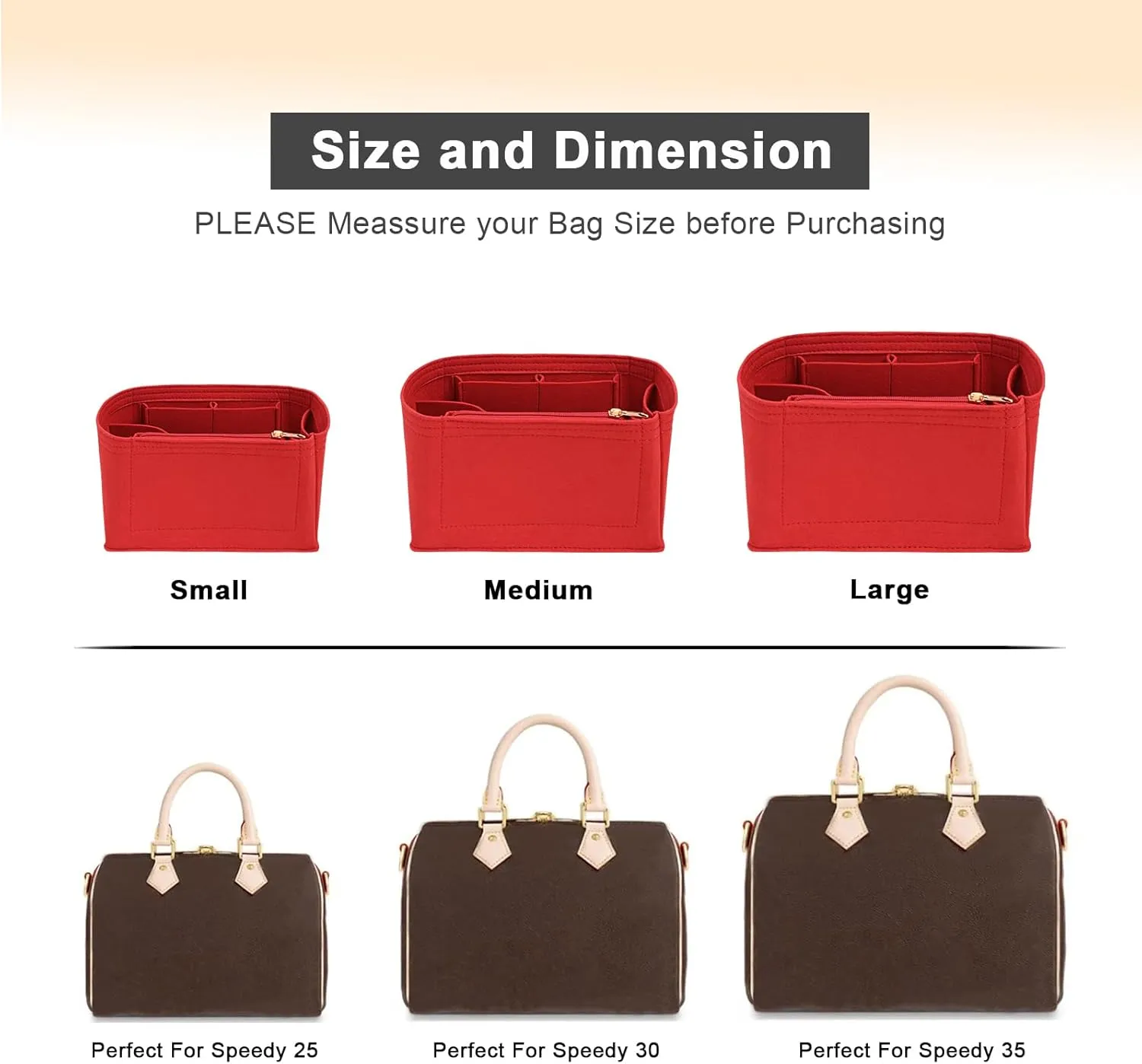 Purse Organizer Inserts for Speedy 35 Felt Purse Inserts HandBag and Tote bag Neverful Organizer Insert (Red,X-Large