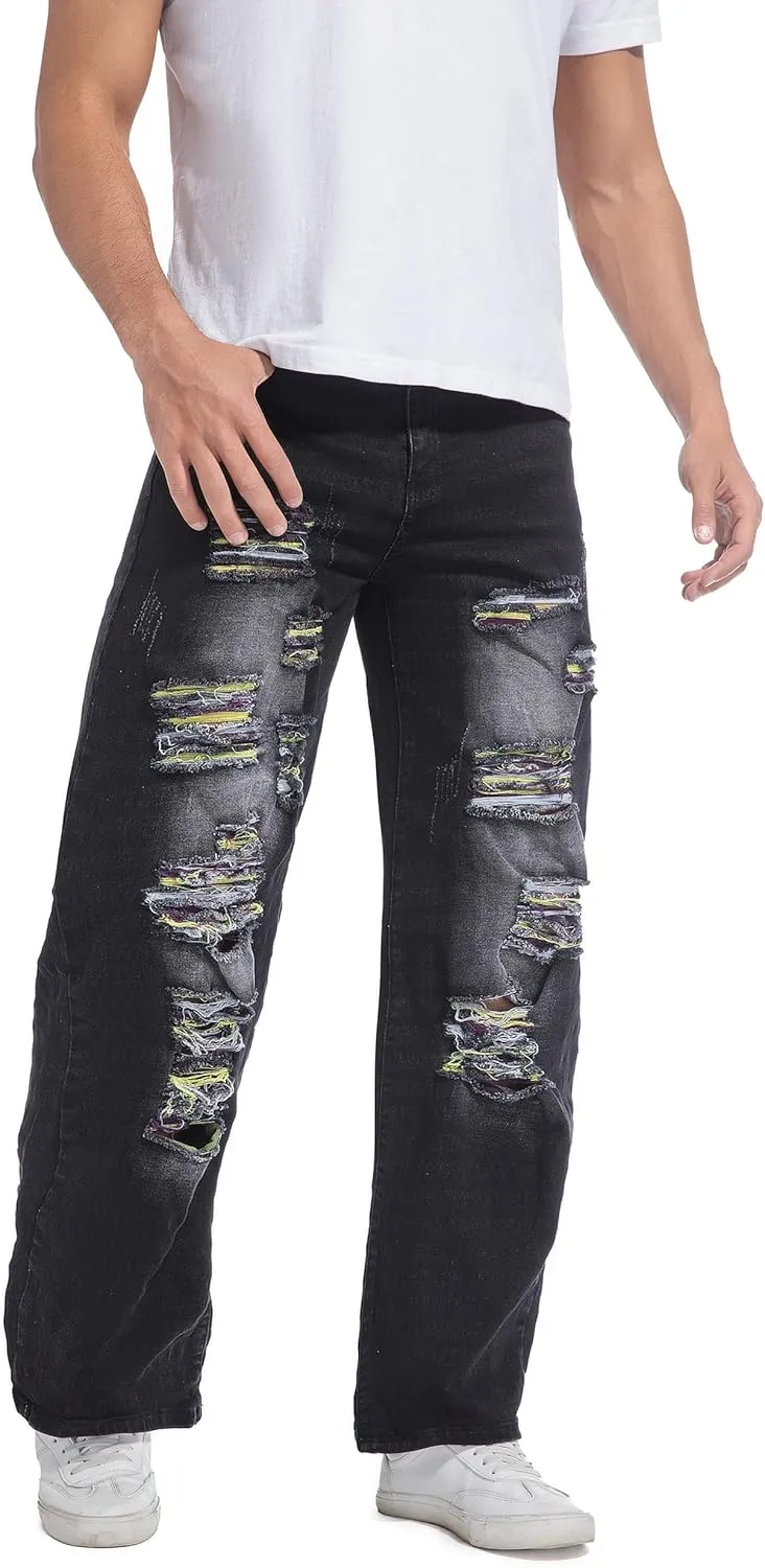 QIMYUM Men's Wide-Leg Baggy Flex Jeans Relaxed Loose Fit Long Denim Pants