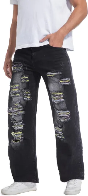 QIMYUM Men's Wide-Leg Baggy Flex Jeans Relaxed Loose Fit Long Denim Pants