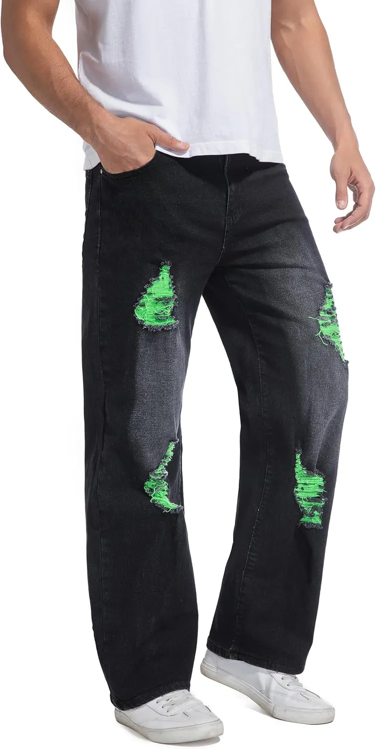 QIMYUM Men's Wide-Leg Baggy Flex Jeans Relaxed Loose Fit Long Denim Pants