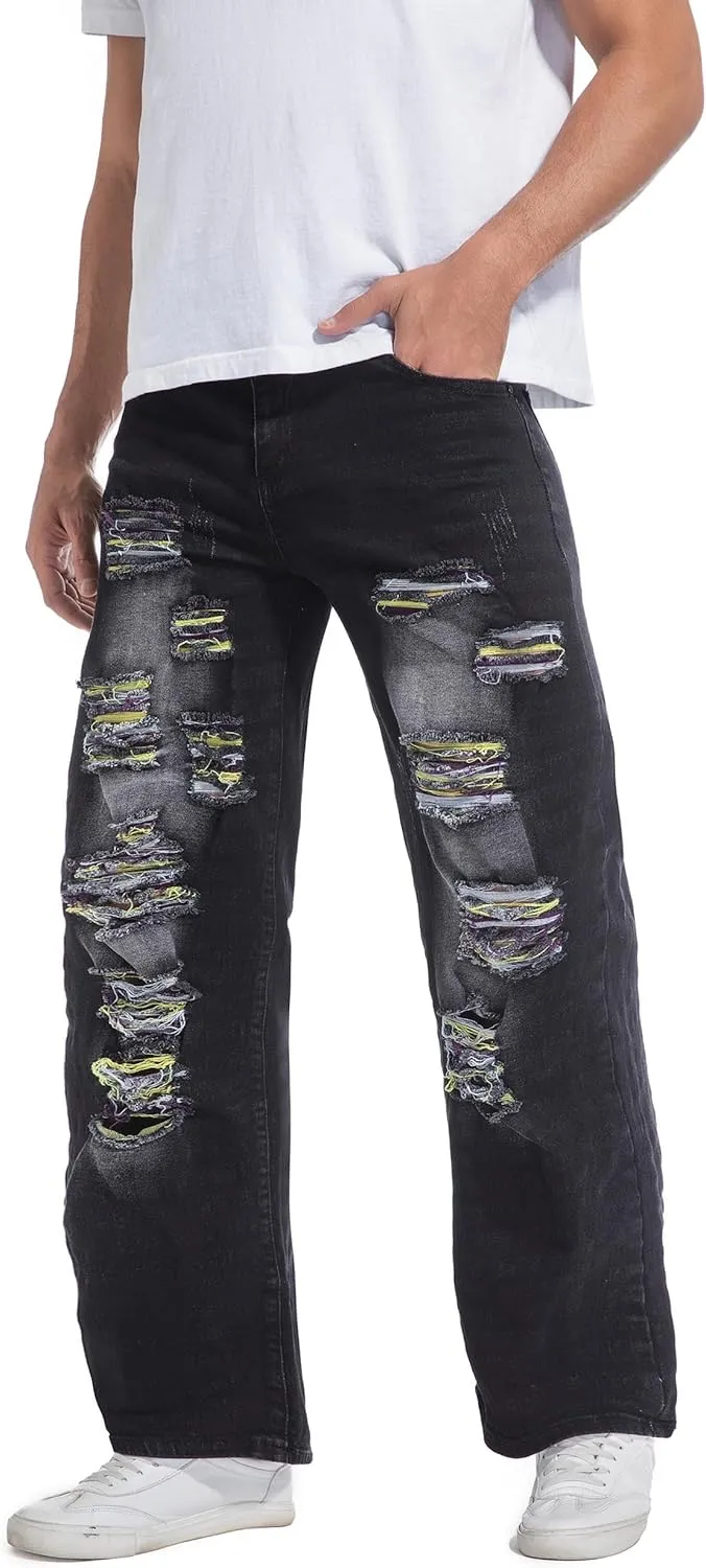 QIMYUM Men's Wide-Leg Baggy Flex Jeans Relaxed Loose Fit Long Denim Pants
