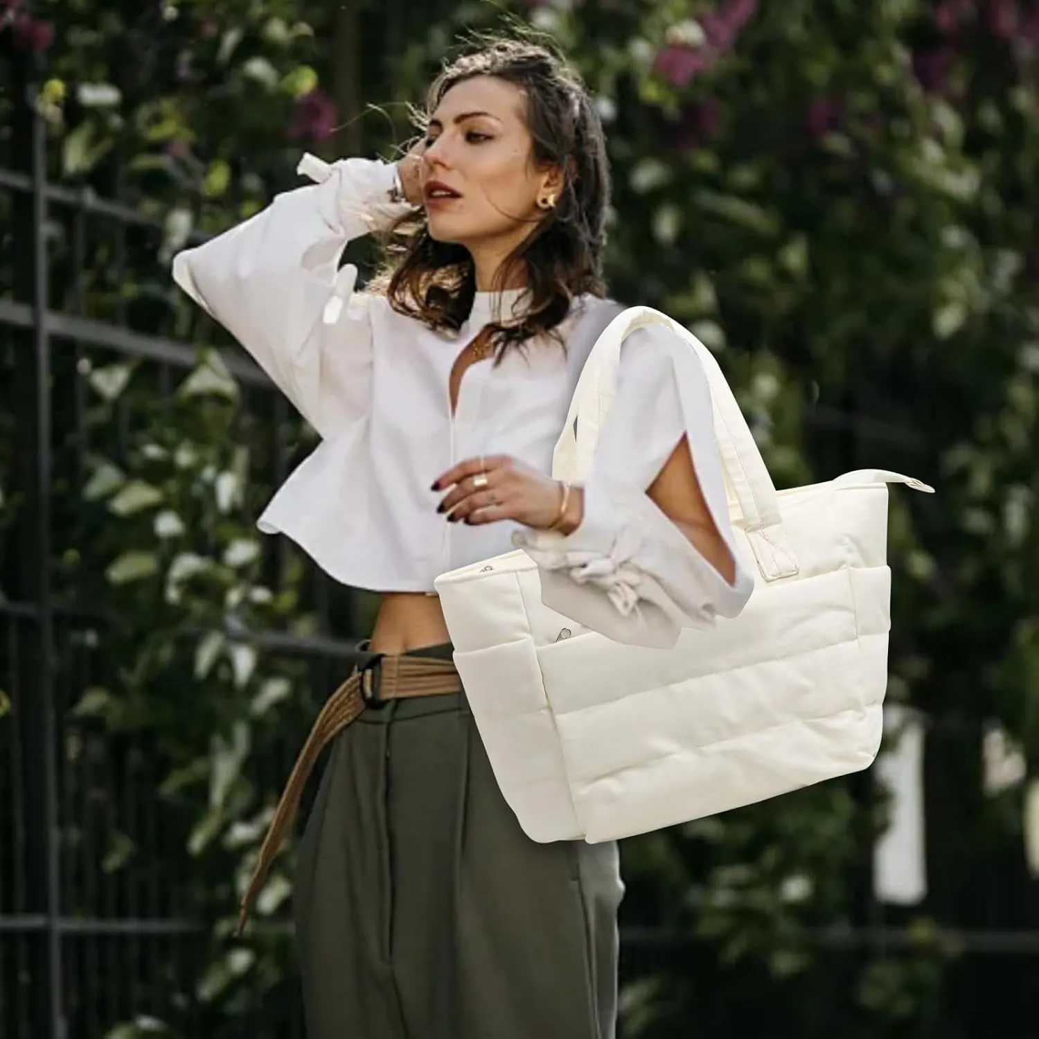 Quilted Tote Bag for Women, Lightweight Puffy Work Bag with Compartment, Quilted Shoulder Bag with Multi Pockets