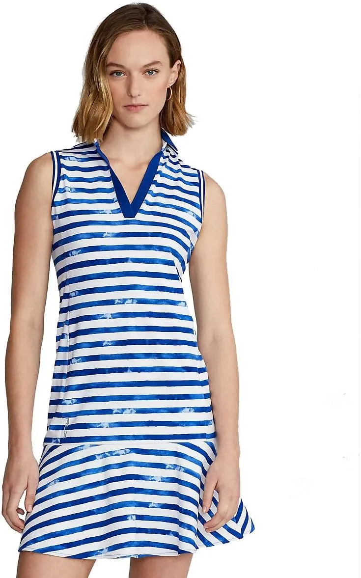 Ralph Lauren RLX Golf Women's Performance Interlock Striped Sleeveless Polo Dress, Blue/White, XS