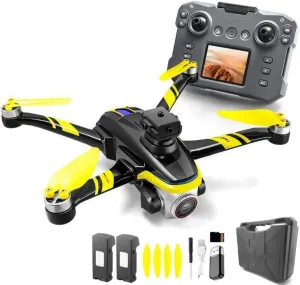 RC Drone With Screen Display, Dual Camera, Stunt Rolling, Optical Flow Hover, LED Lights, Speed Adjustment, Impact-Resistant ABS Shell, Quadcopter, 2 Batteries, Memory Card, Card Reader, , Handbag (Black Yellow)
