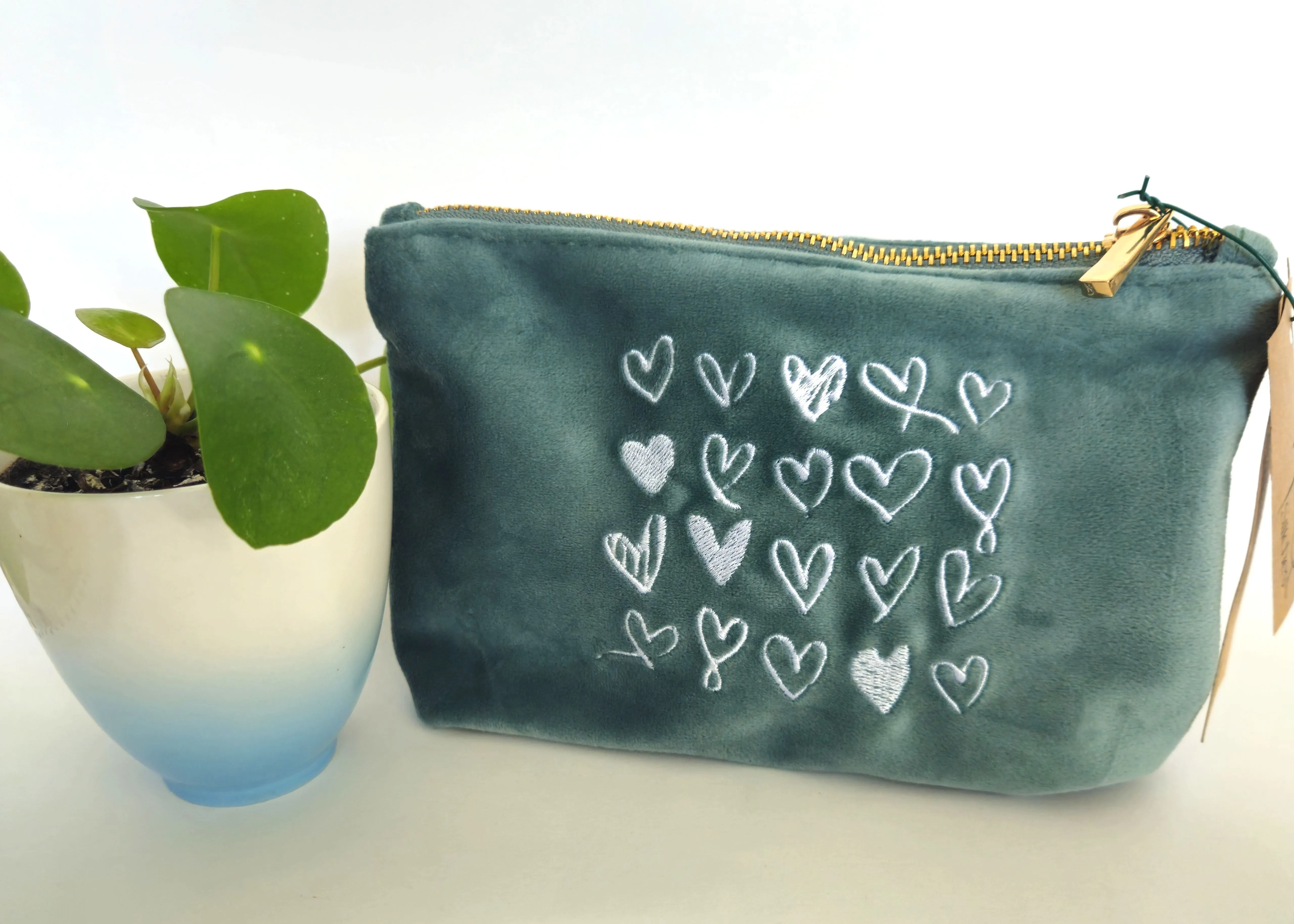 Recycled Velvet White Heart Pouch SMALL | Sustainable Makeup or Travel Pouch | Luxurious Feel