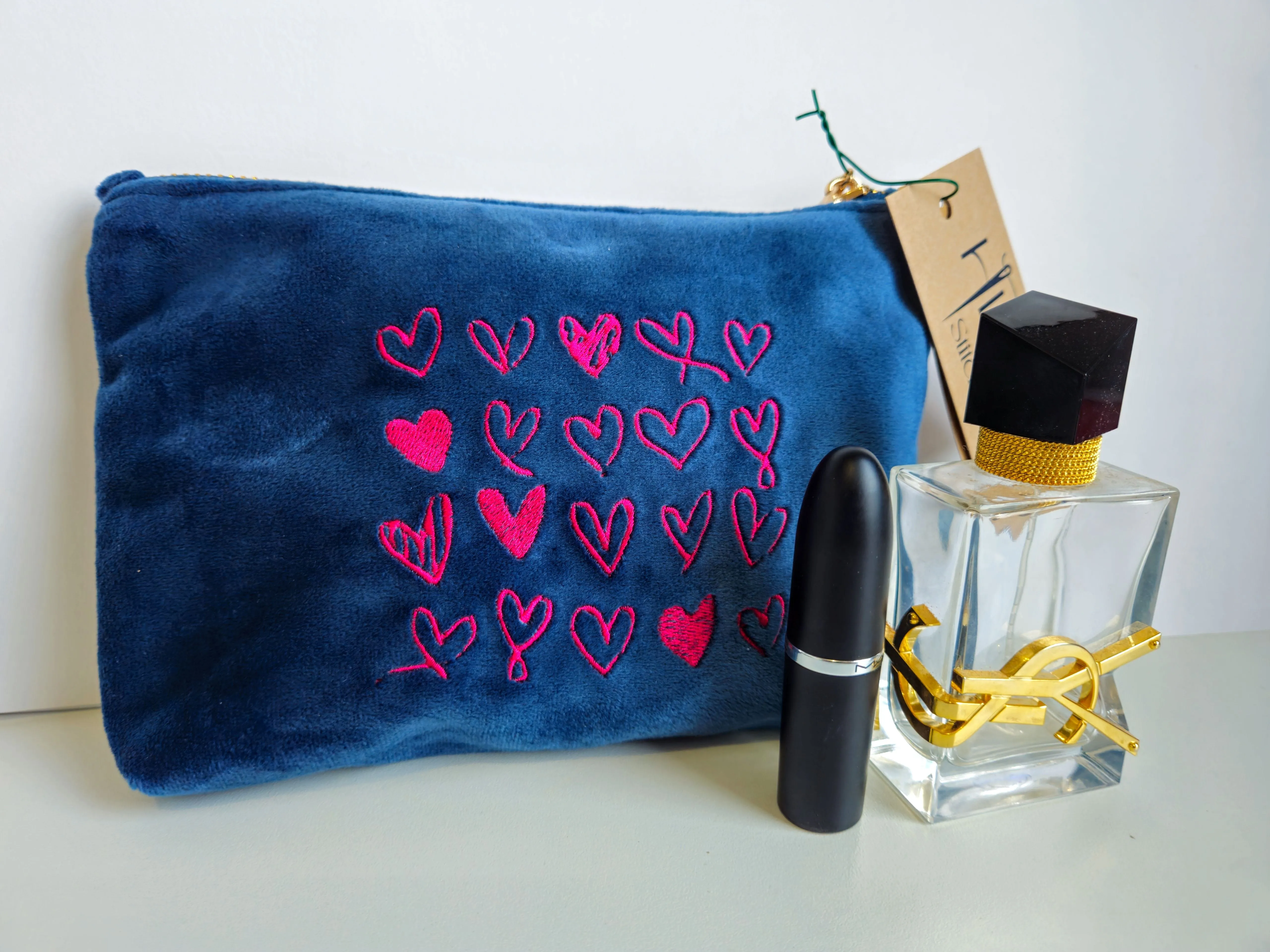 Recycled Velvet White Heart Pouch SMALL | Sustainable Makeup or Travel Pouch | Luxurious Feel