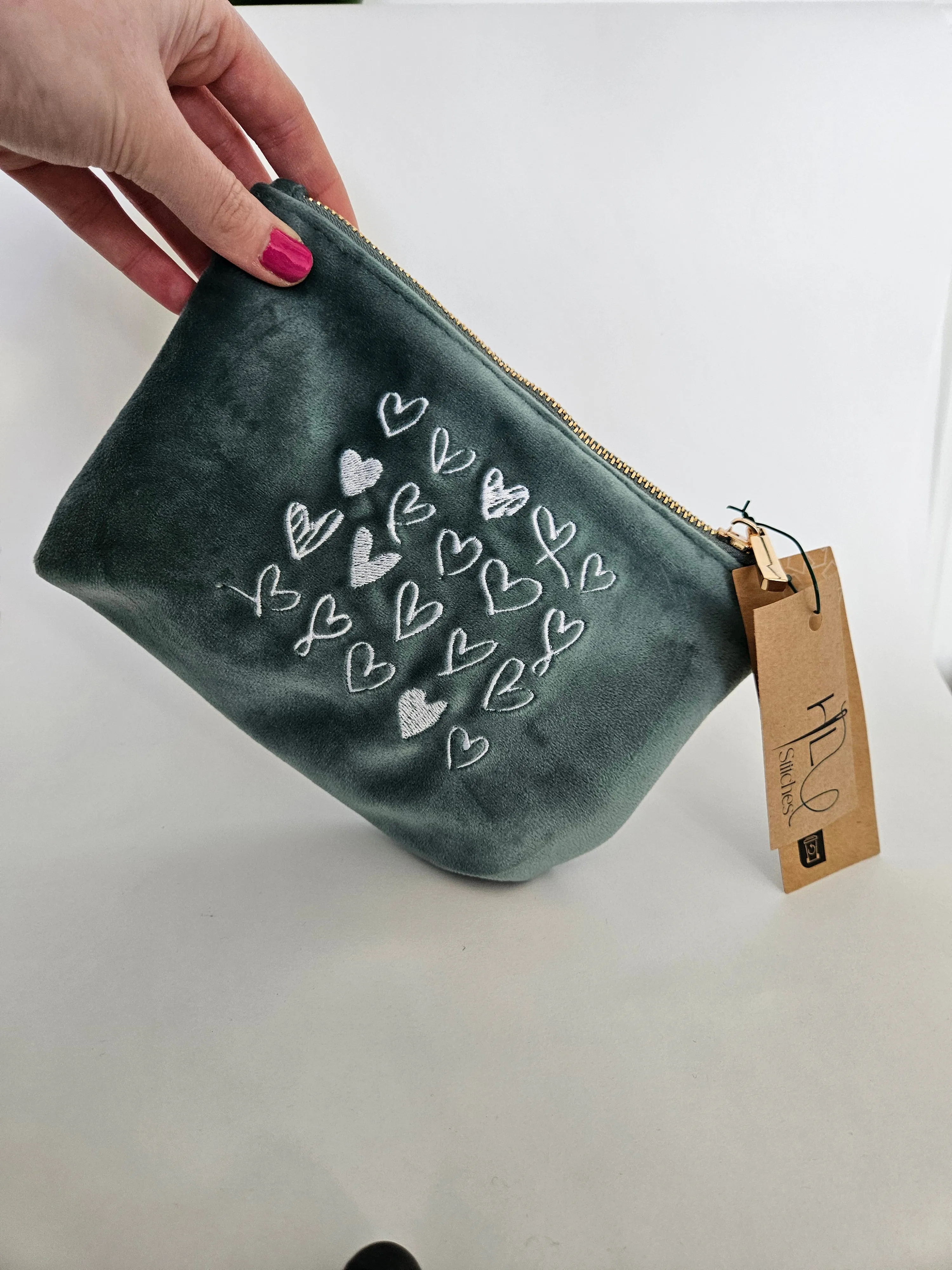Recycled Velvet White Heart Pouch SMALL | Sustainable Makeup or Travel Pouch | Luxurious Feel