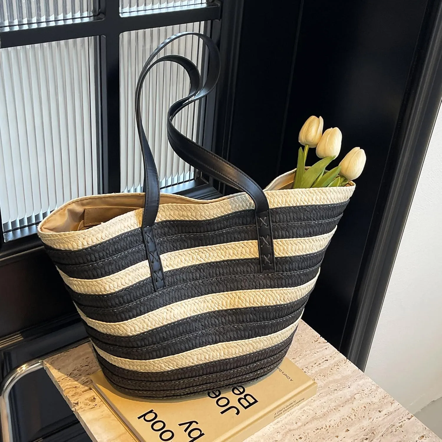 Rejolly Straw Tote Bag for Women Beach Summer Vacation Handbags Large Woven Shoulder Purse with Zipper Leather Handle Purse