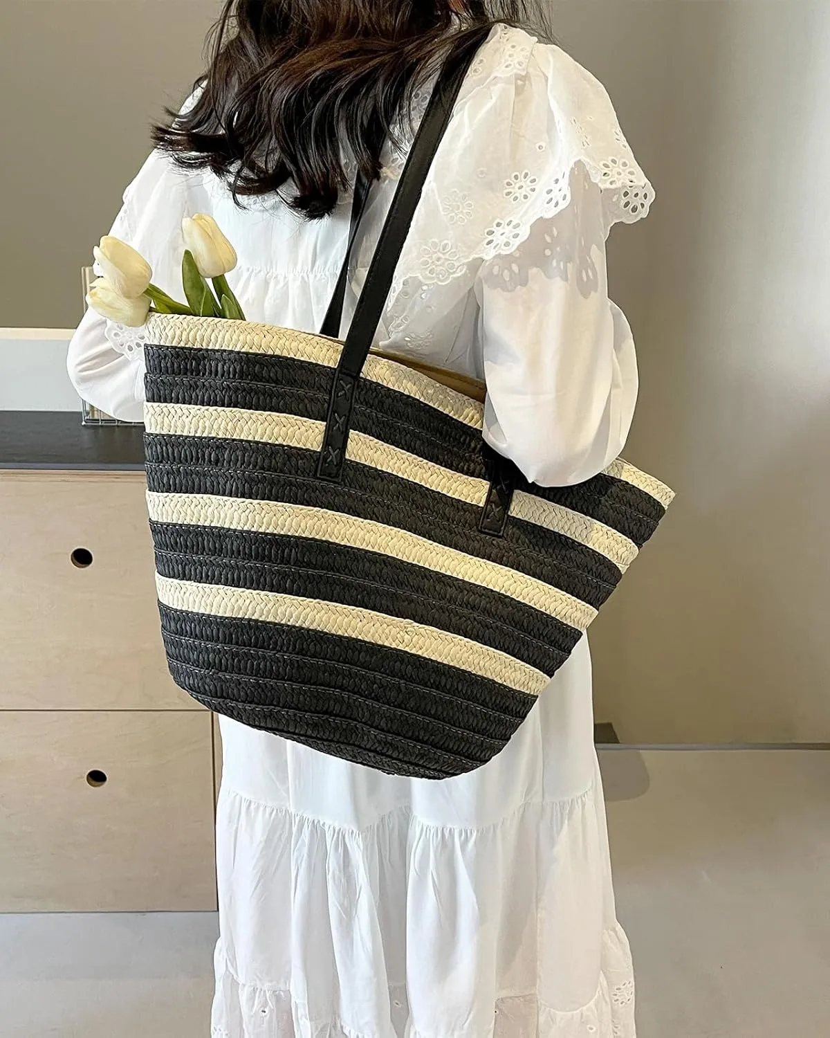 Rejolly Straw Tote Bag for Women Beach Summer Vacation Handbags Large Woven Shoulder Purse with Zipper Leather Handle Purse
