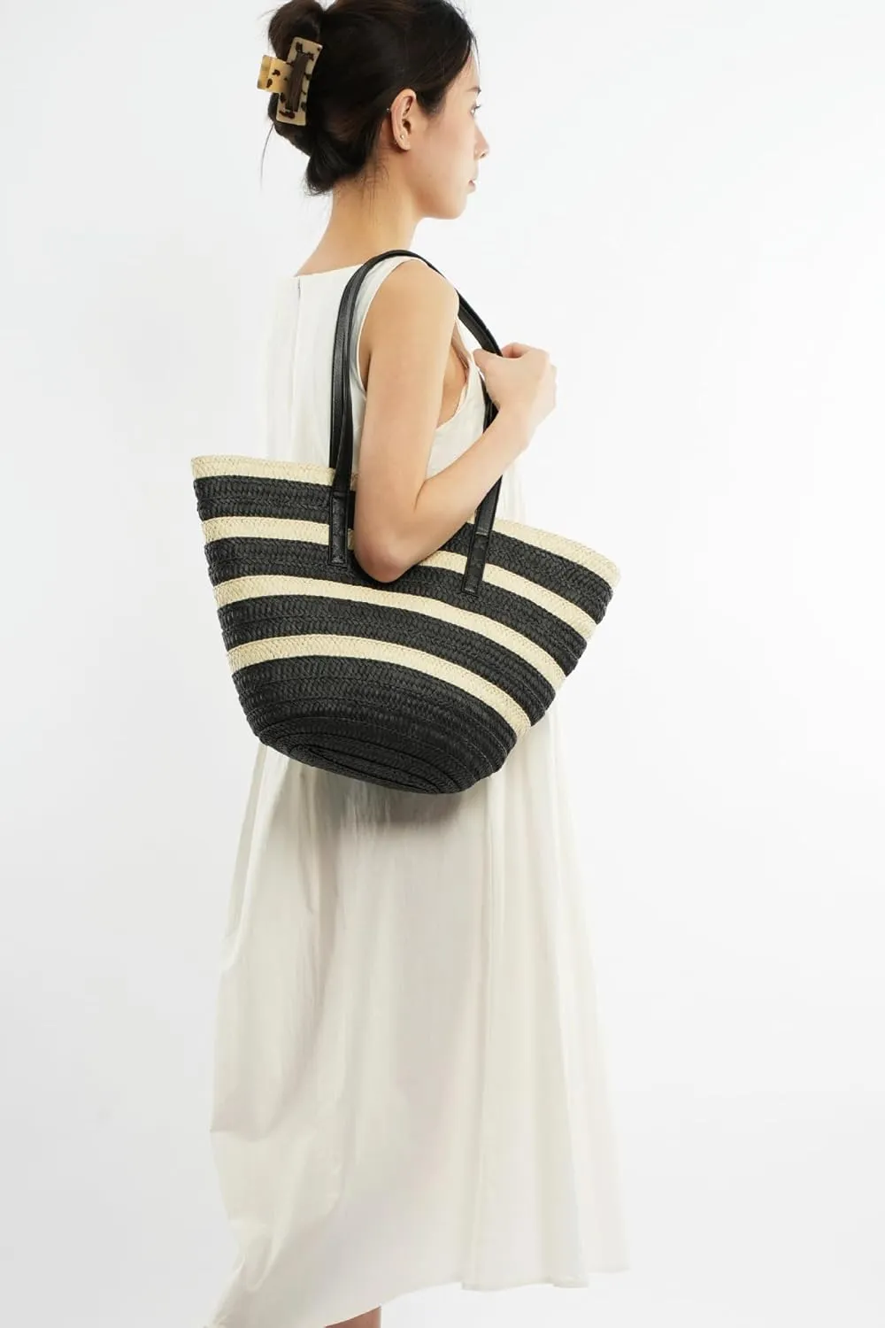 Rejolly Straw Tote Bag for Women Beach Summer Vacation Handbags Large Woven Shoulder Purse with Zipper Leather Handle Purse