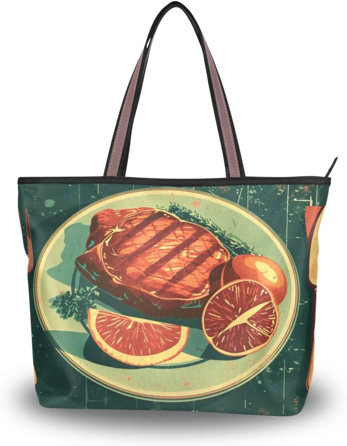 Retro Breakfast Women's Tote Bag Purse Reusable Grocery Handbag Bags with Zipper Large