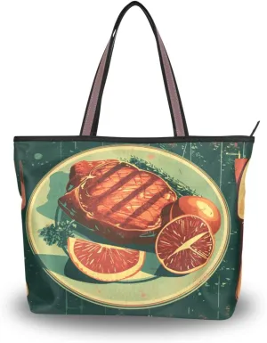 Retro Breakfast Women's Tote Bag Purse Reusable Grocery Handbag Bags with Zipper Large