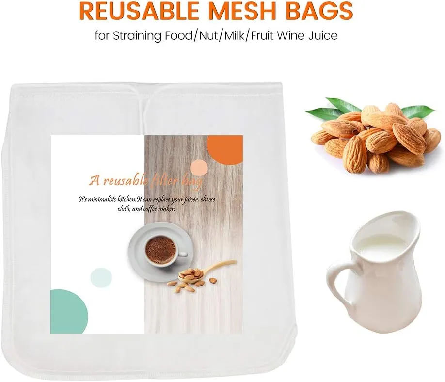 Reusable Filter Bags - 12" X 12" Washable Mesh Bag for Straining Food/Cold Brew Coffee,Food Grade BPA-Free Cheesecloth,Multiple Usage for Nut Milk Fruit Wine Juice Filter (2, 12" X 12")