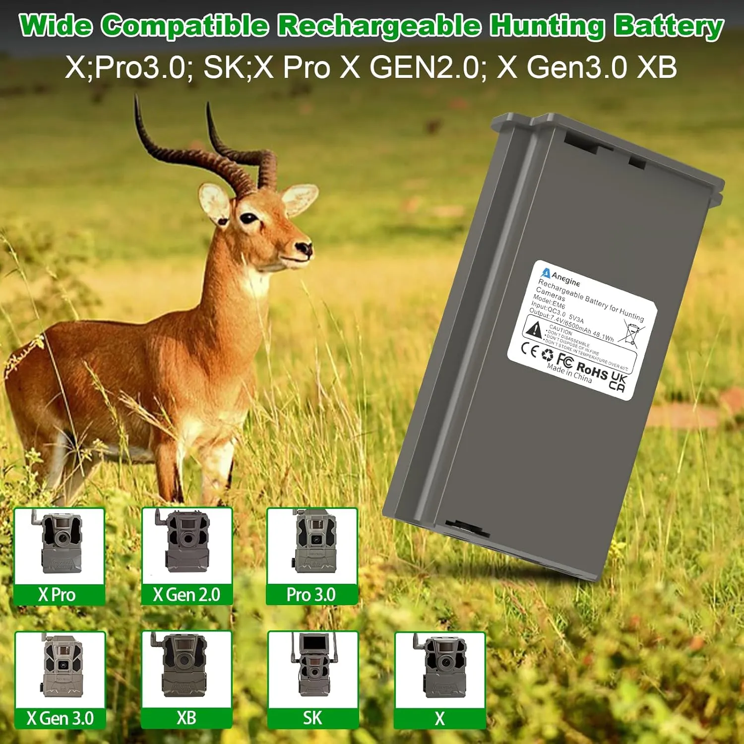 Reveal Hunting Camera Rechargeable Battery 6500mAh with LED for Tactacam Battery Pack Compatible with Reveal X, X Pro, X Pro 3.0, X Gen 2.0 X Gen 3.0, XB, SK (2-Pack)