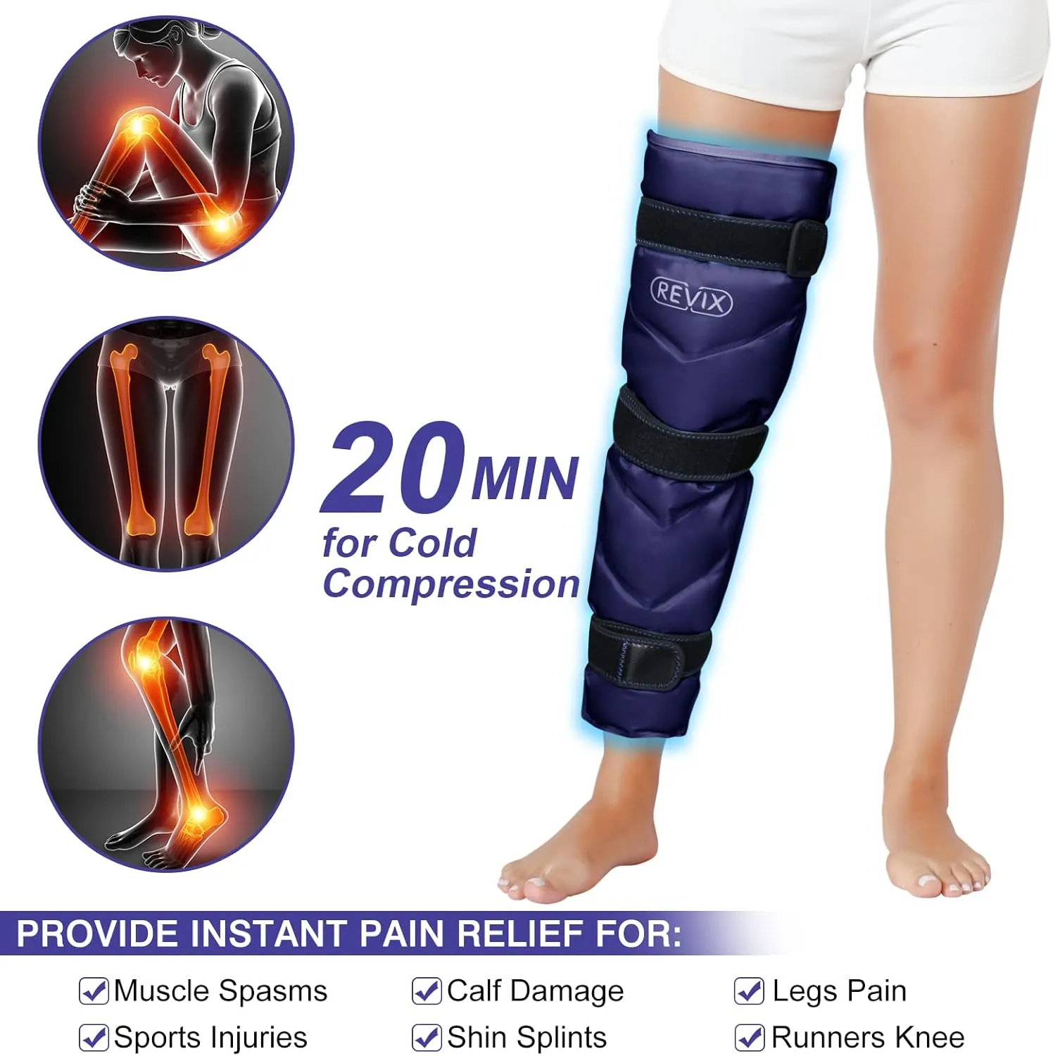 REVIX Large Leg Ice Pack Reusable, Gel Ice Wrap with 3 Straps for Leg, Hip, Thigh, Knee and Shin, Cold Compress Therapy for Post-Workout Recovery, Navy