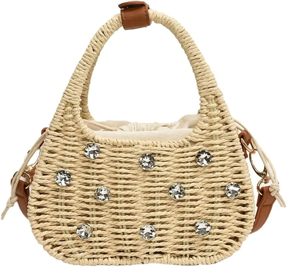 Rhinestone Handbag for Women Straw Shoulder Bag Summer Beach Vacation Woven Crossbody Bag Trendy Hobo Bag 2025