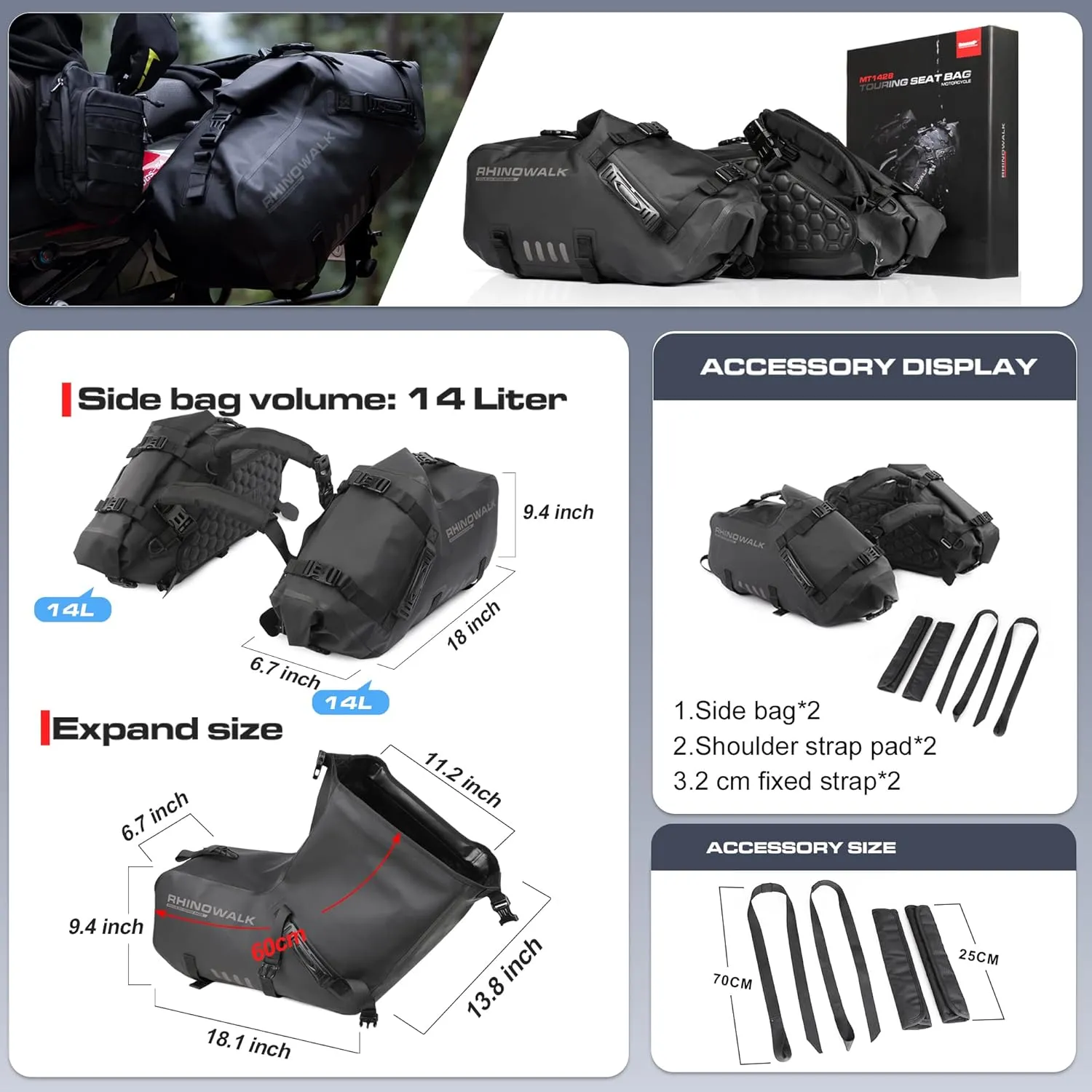 Rhinowalk Motorcycle Saddle bags, Waterproof motorcycle saddlebags, shoulder bag 28L(14L*2), for most Adventure and Sport Motorcycle Racks, 1 Pair
