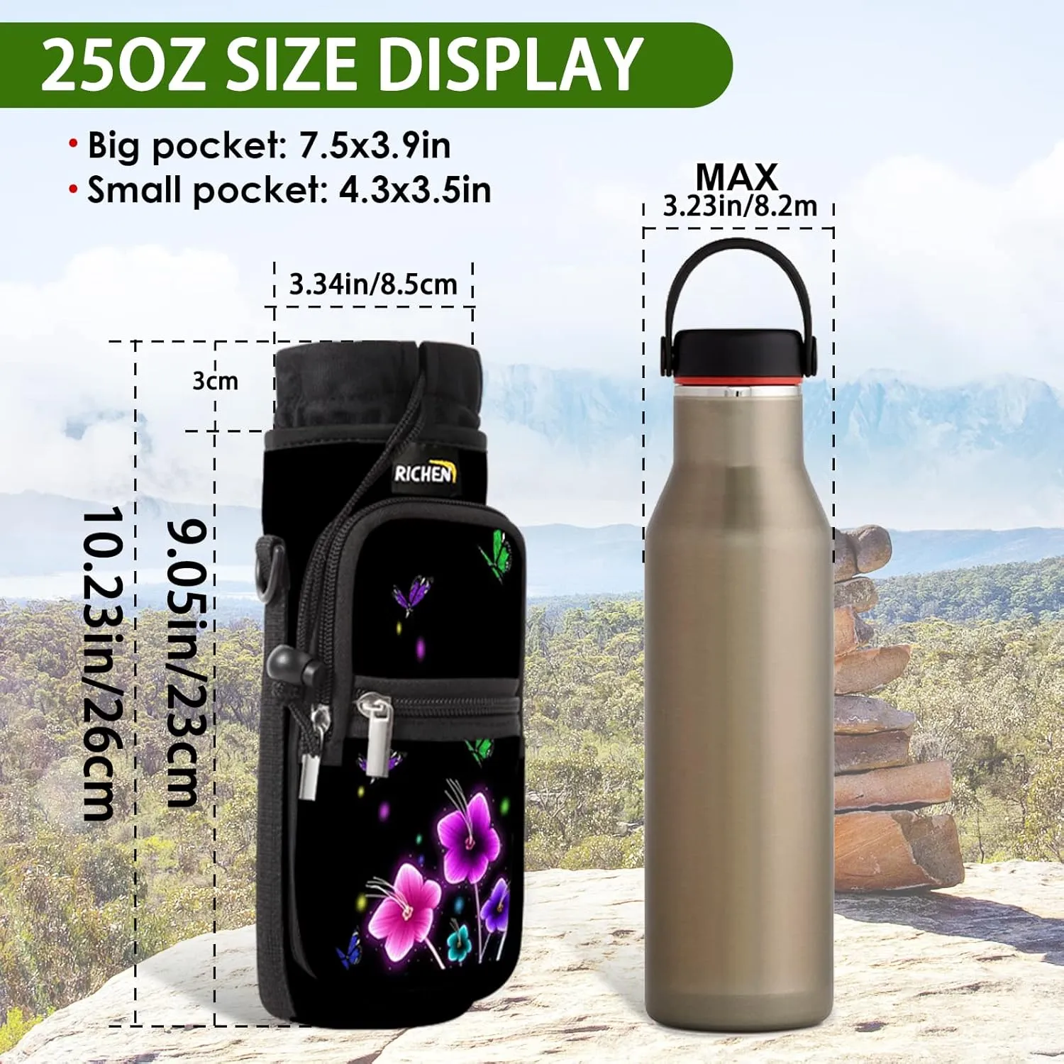 RICHEN Neoprene Water Bottle Carrier Bag 25/32/40/64 oz, Bottle Pouch Holder with Adjustable Padded Shoulder & Handle Strap and Front Pockets for Men/Women Hiking Travelling Camping
