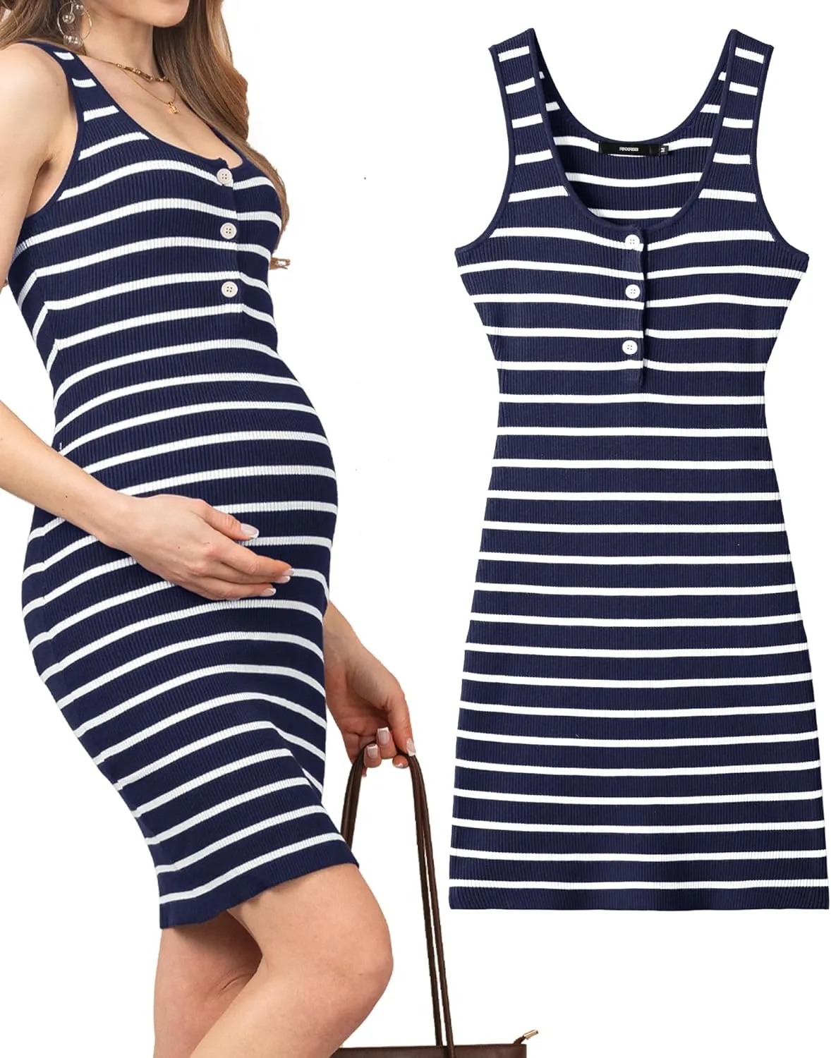 Rnxrbb Striped Button Maternity Dress Summer Bodycon Tank Pregnancy Dresses Sleeveless Clothes Ribbed Knit