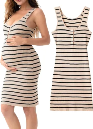 Rnxrbb Striped Button Maternity Dress Summer Bodycon Tank Pregnancy Dresses Sleeveless Clothes Ribbed Knit