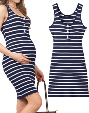 Rnxrbb Striped Button Maternity Dress Summer Bodycon Tank Pregnancy Dresses Sleeveless Clothes Ribbed Knit