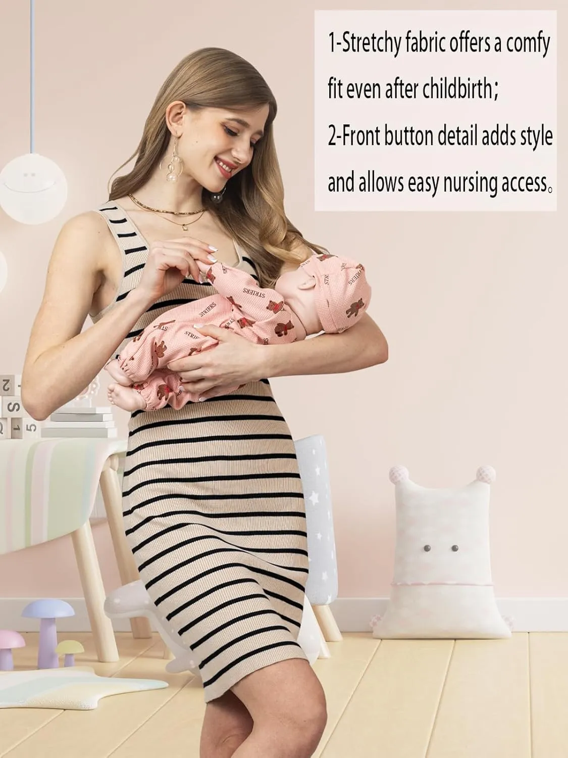 Rnxrbb Striped Button Maternity Dress Summer Bodycon Tank Pregnancy Dresses Sleeveless Clothes Ribbed Knit
