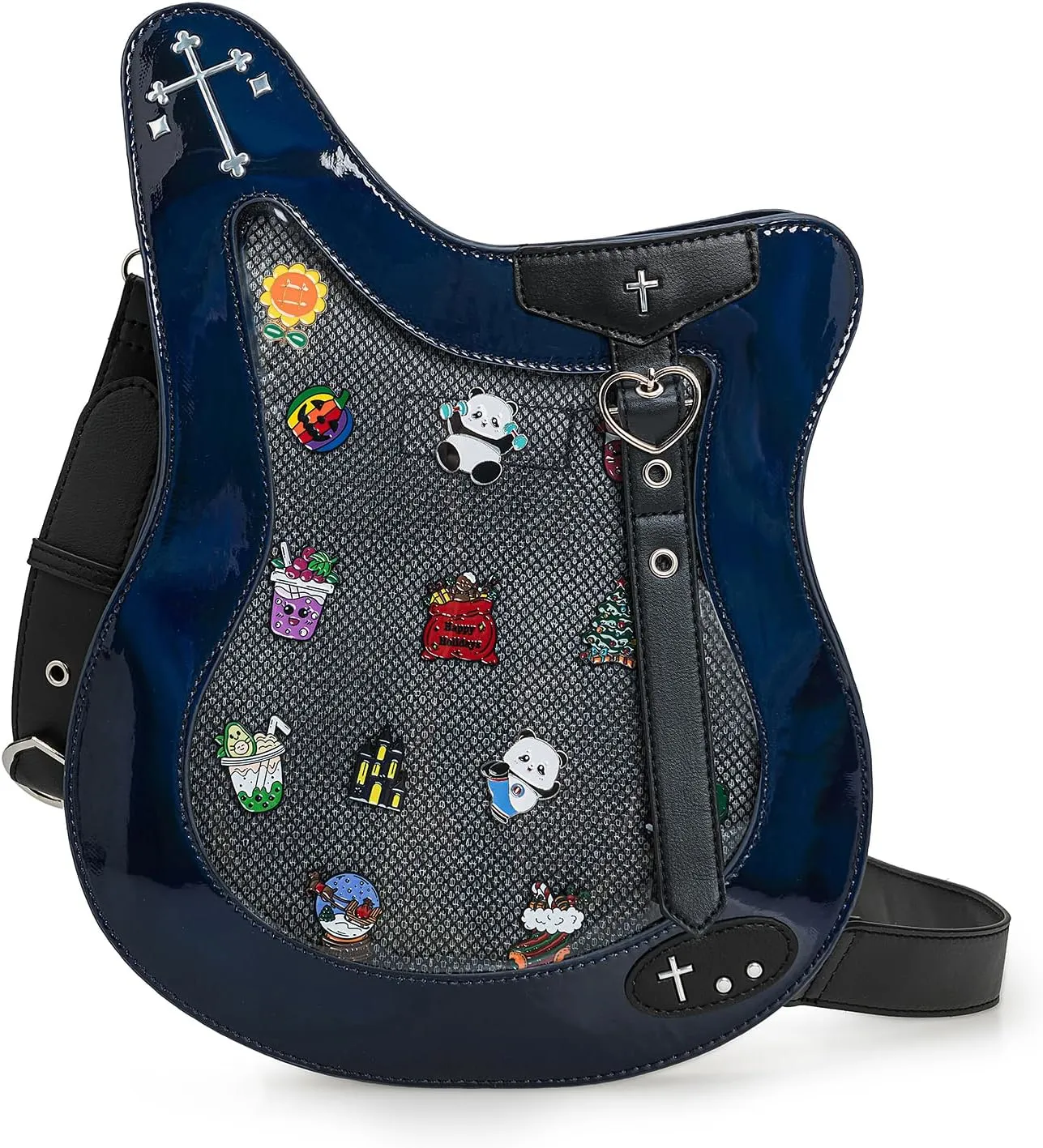 Rock Metal Guitar Ita Bag Crossbody Shoulder Bags Kawaii Cute Clear Window Pin Insert with a Removeable Strap