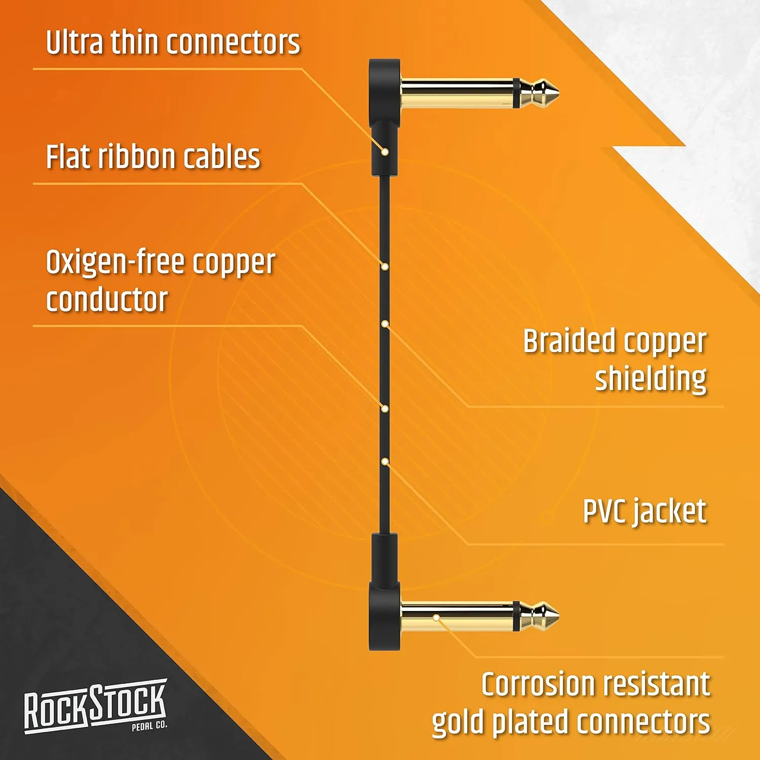 Rock Stock Guitar Flat Patch Cables (Pack of 3) - 2 Inch C-Shape Ultra-Thin Effect Guitar Pedal Patch Cables - Right-Angle, Black with Durable Gold Plated Connectors, Maximize Pedalboard Space