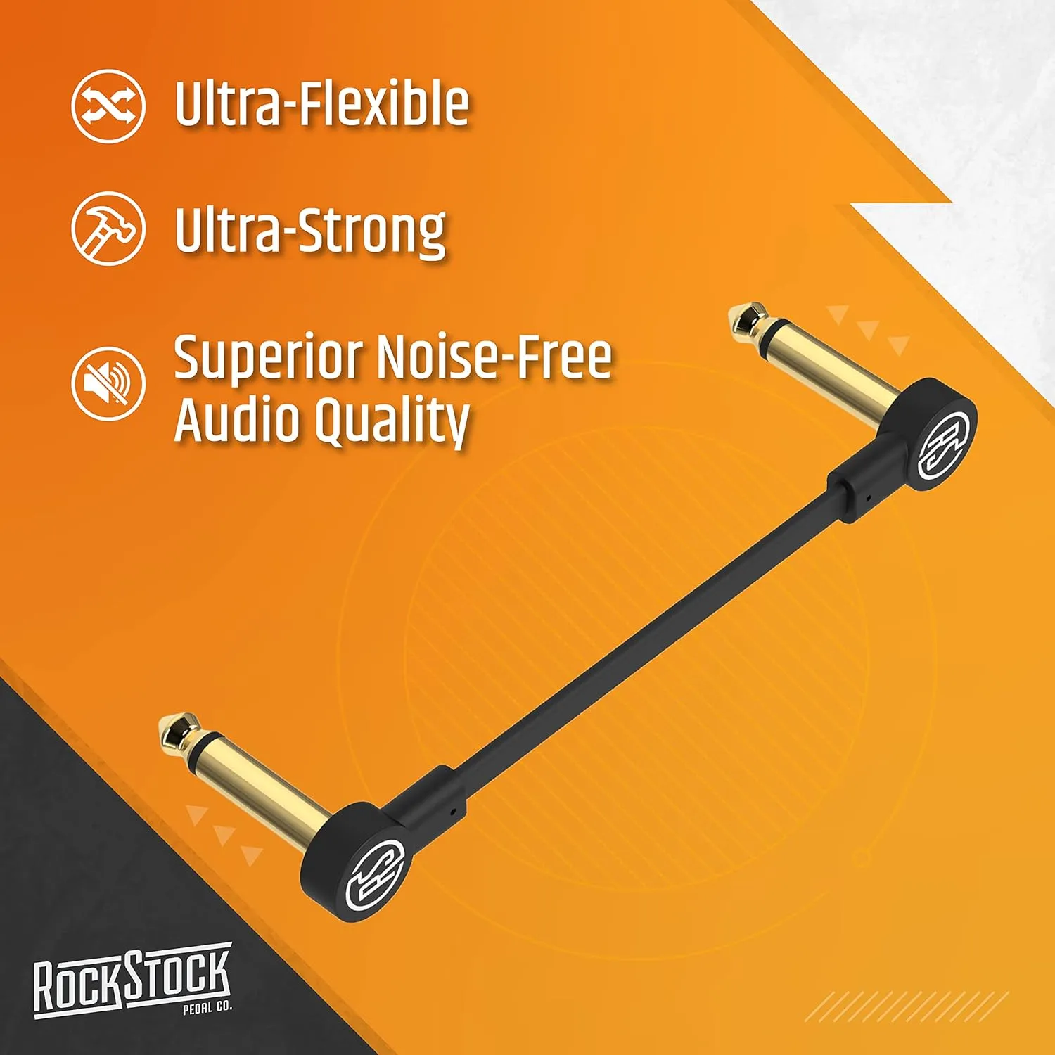 Rock Stock Guitar Flat Patch Cables (Pack of 3) - 2 Inch C-Shape Ultra-Thin Effect Guitar Pedal Patch Cables - Right-Angle, Black with Durable Gold Plated Connectors, Maximize Pedalboard Space