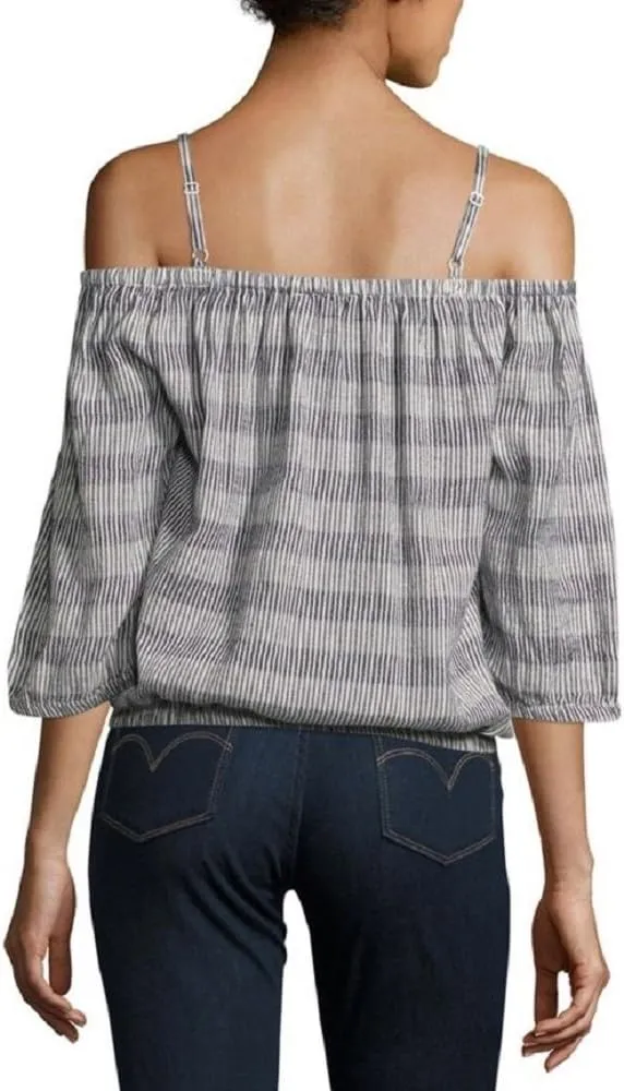 Romeo   Juliet Couture Striped Off-Shoulder Top, Navy Blue/Ivory