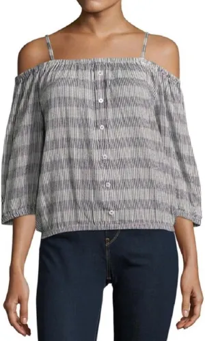 Romeo   Juliet Couture Striped Off-Shoulder Top, Navy Blue/Ivory