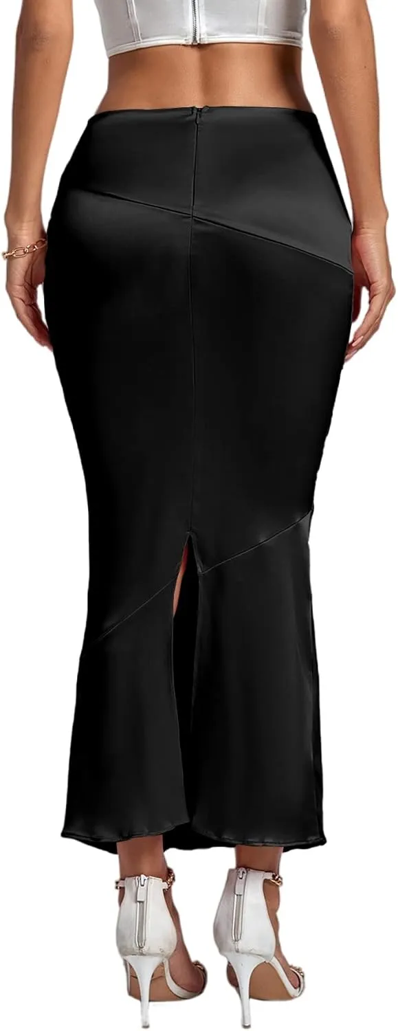Rooscier Women's Satin Silk Bodycon Split Back High Waist Elegant Club Maxi Skirt
