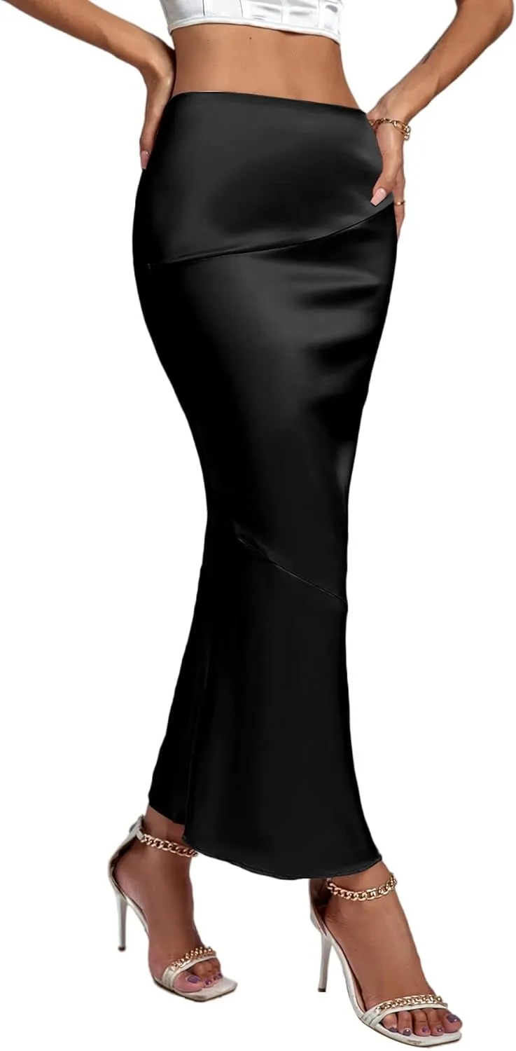 Rooscier Women's Satin Silk Bodycon Split Back High Waist Elegant Club Maxi Skirt