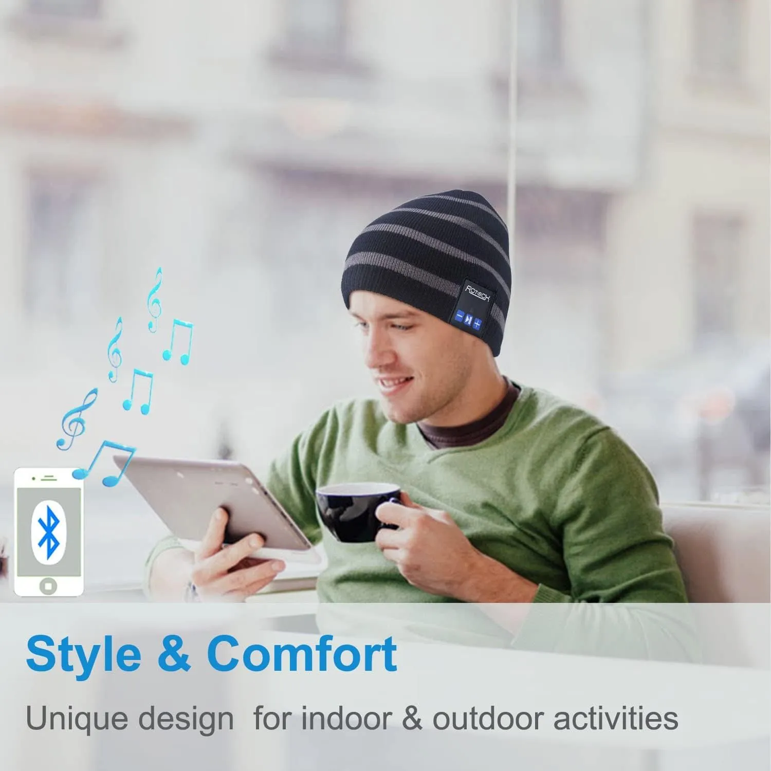 Rotibox Washable Bluetooth Beanie Hat with Wireless Stereo Over Ear Headphones Headsets Earphone Speaker Hands Free