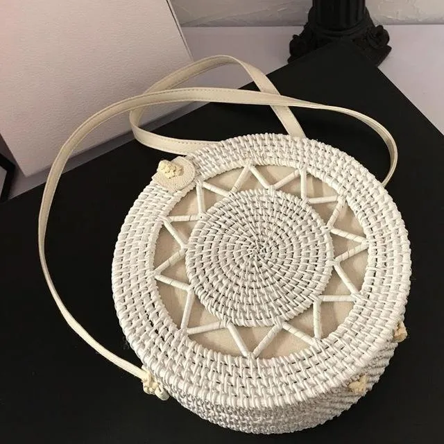 Round Straw Bag, Summer Style Women Bohemian Handbag Handmade Beach Circular Bag