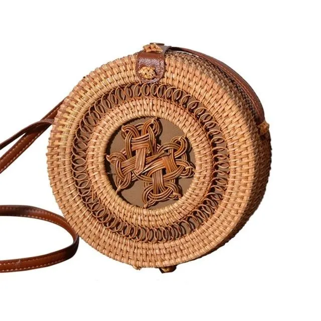 Round Straw Bag, Summer Style Women Bohemian Handbag Handmade Beach Circular Bag