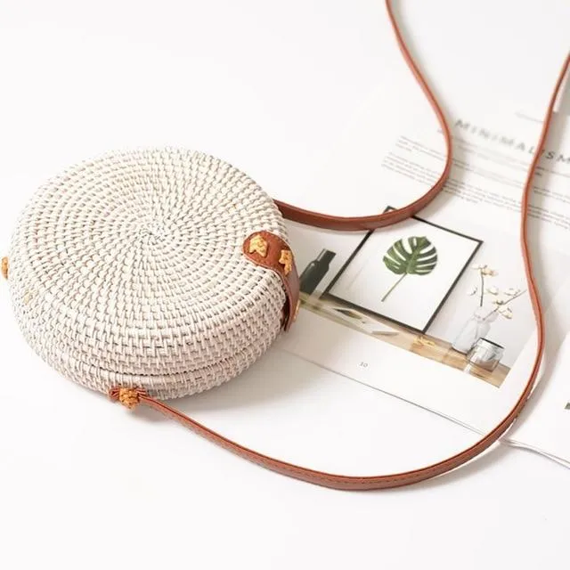 Round Straw Bag, Summer Style Women Bohemian Handbag Handmade Beach Circular Bag