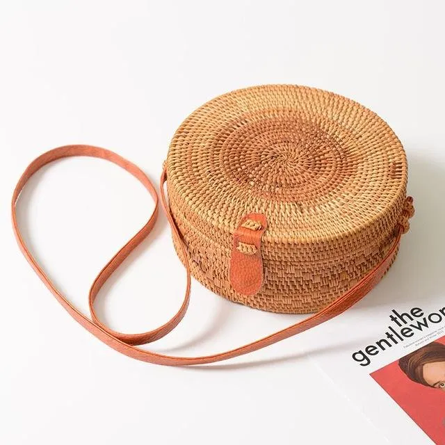 Round Straw Bag, Summer Style Women Bohemian Handbag Handmade Beach Circular Bag