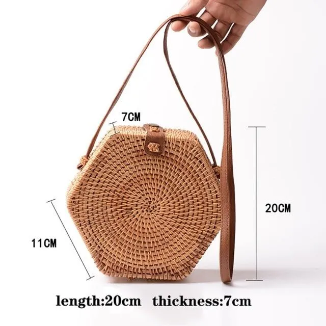 Round Straw Bag, Summer Style Women Bohemian Handbag Handmade Beach Circular Bag